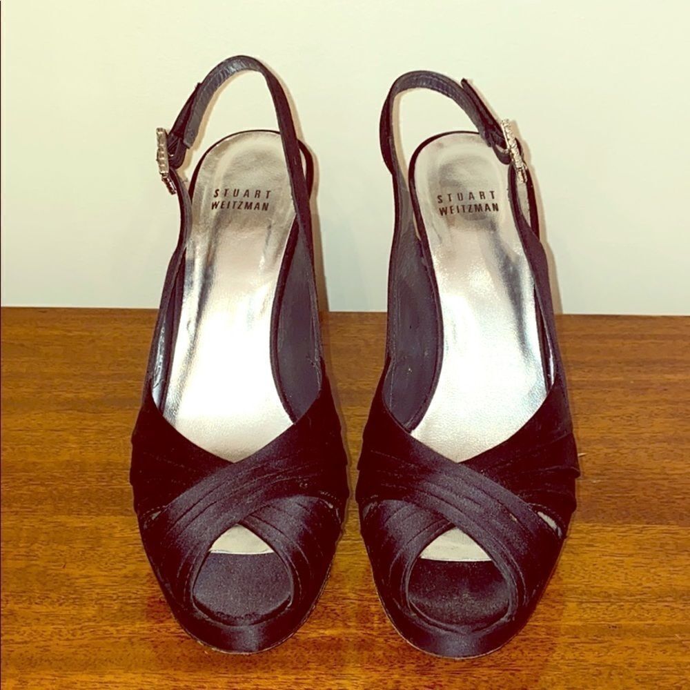 Stuart Weirzman 7M  Black Evening Peep Toe Pumps